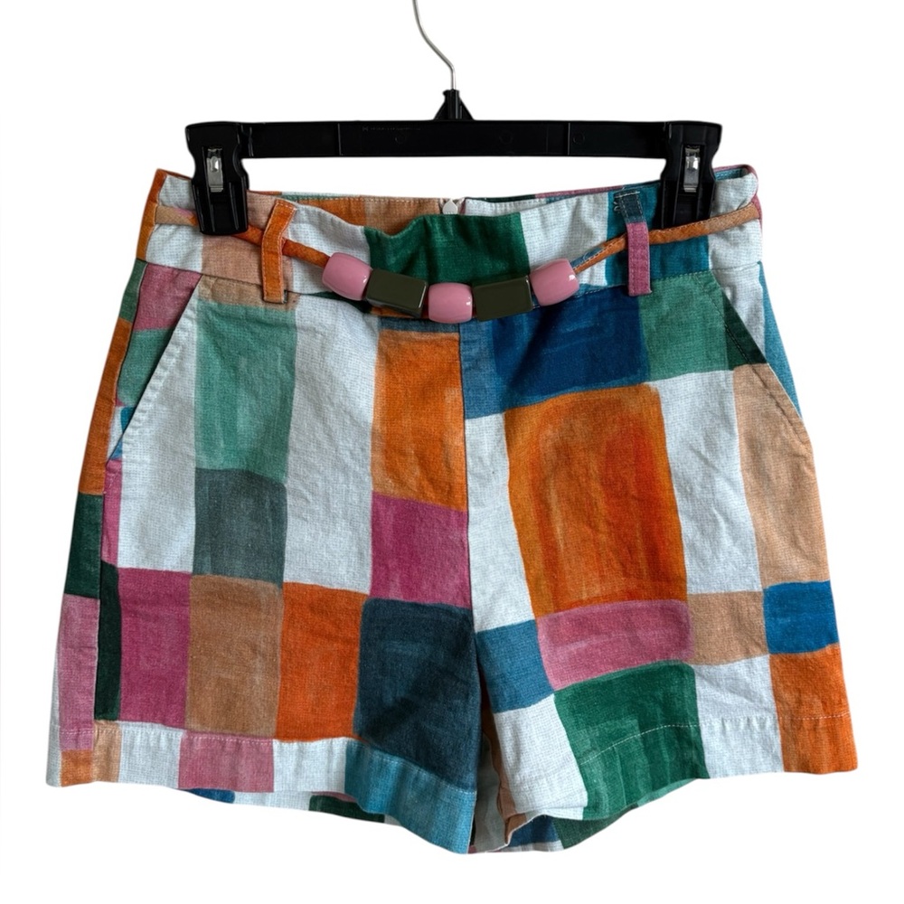 Multicoloured patchwork linen shorts with earth s… - image 1